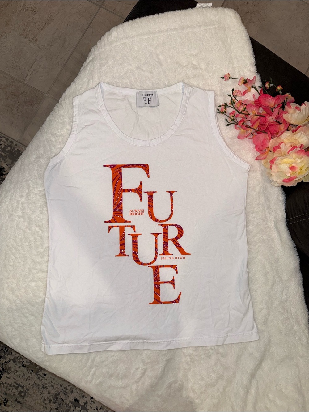 2 x 20$ White Tank Top with Orange 'FUTURE' Graphic